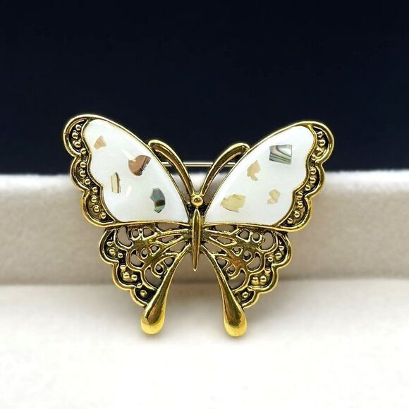 Yellow Gold with Embedded Shell in White Enamel Butterfly Pin Back Brooch - Picture 3 of 7